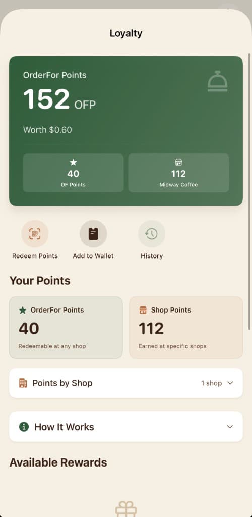 OrderFor loyalty balance showing points and available rewards