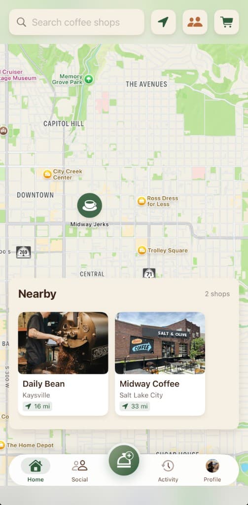 OrderFor discovery map showing nearby coffee shops in Salt Lake City