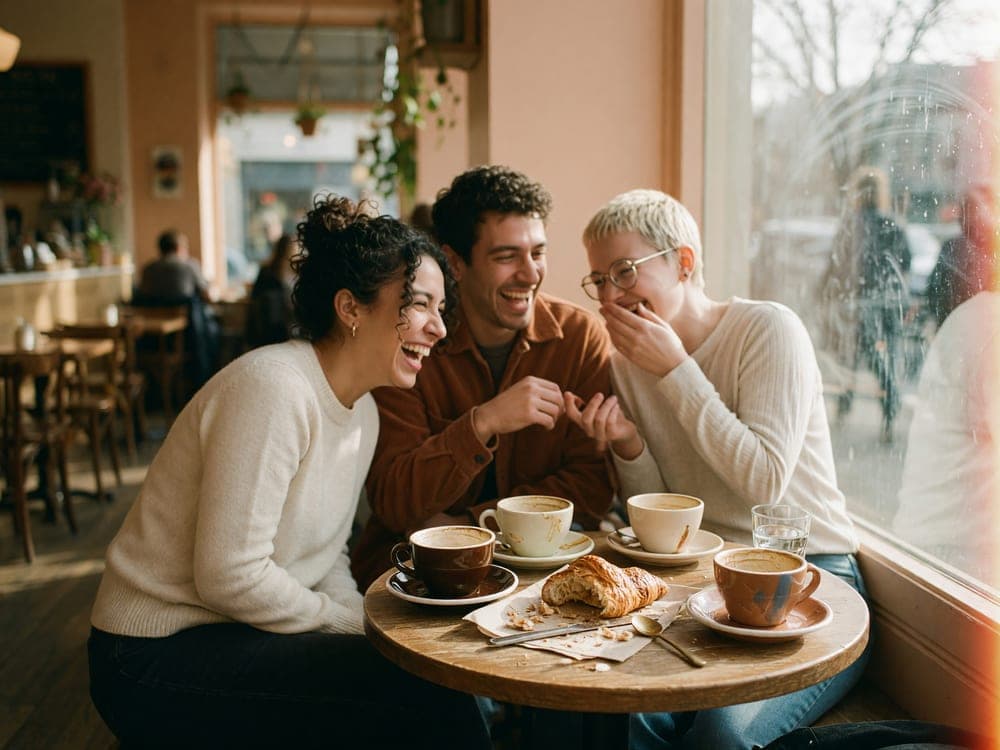 Friends laughing over coffee and a shared croissant at a neighborhood shop