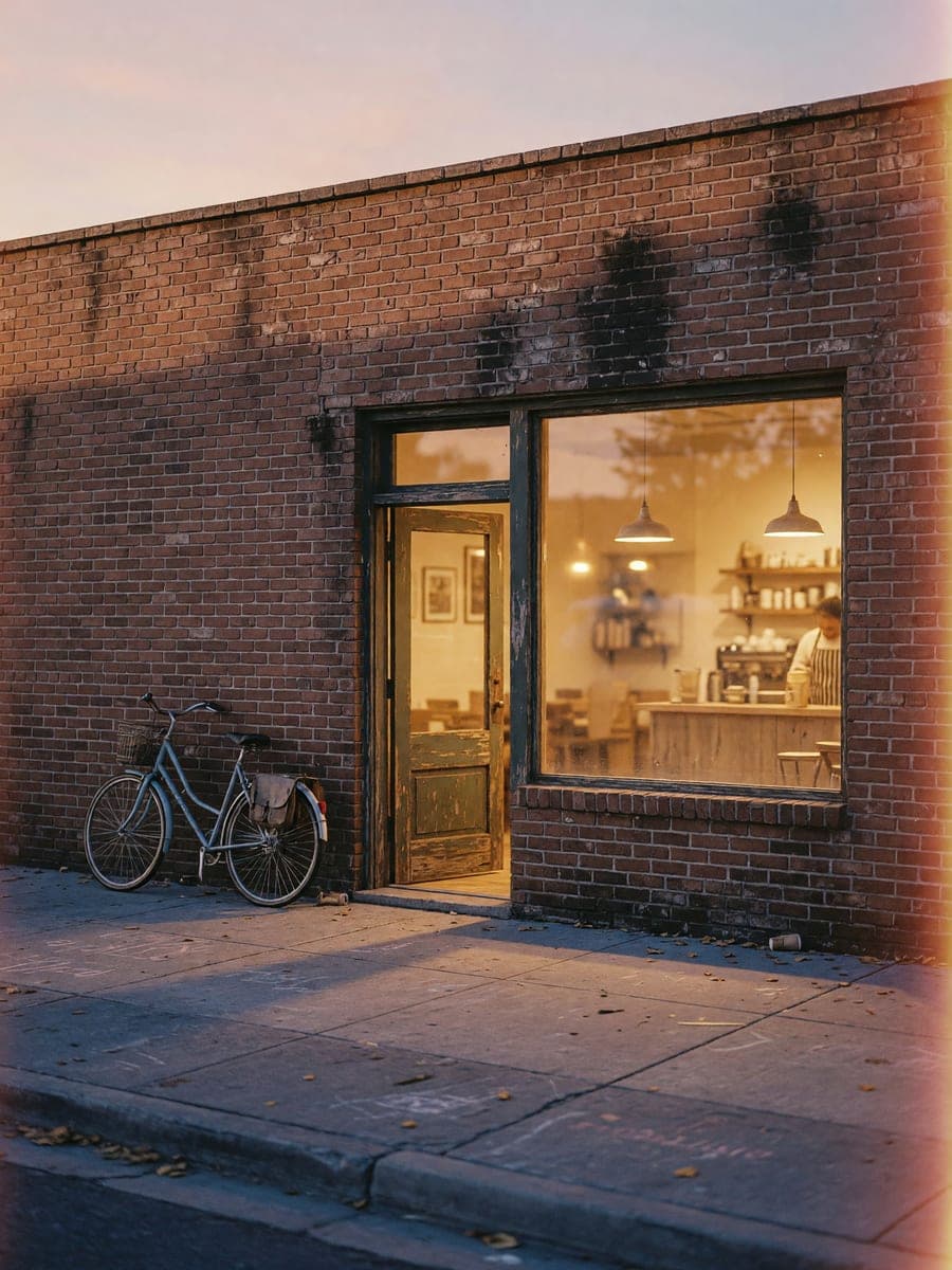 A neighborhood coffee shop glowing at golden hour, bicycle by the door